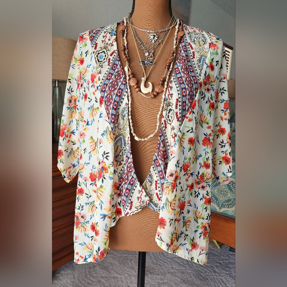 Stunning Small Mixed Floral Open Self Esteem Short Kimono Layer Coverup Piece